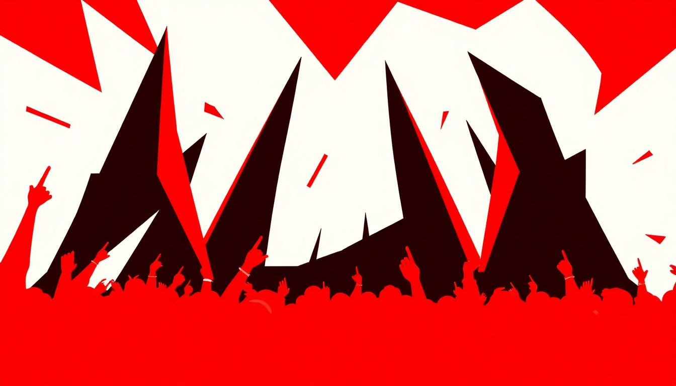 A dynamic, abstract illustration featuring bold, angular shapes and silhouettes in bright red, white, and black, capturing the high-energy atmosphere of a major music festival.