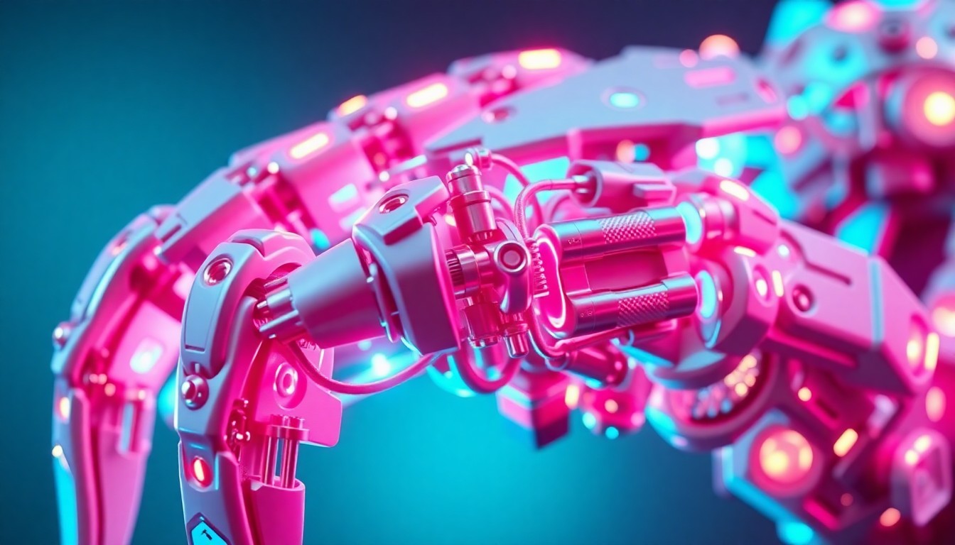 A highly detailed, glowing 3D macro illustration of the intricate inner workings of a robotic hand, with neon cyan and magenta lights illuminating the complex tendon-driven mechanisms and joint assemblies, conceptually representing Tesla's technological advancements in humanoid robotics.