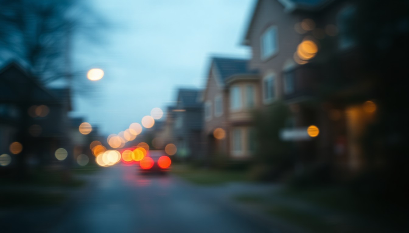 An extremely blurred, out-of-focus photograph showing the soft, warm glow of streetlights and windows in a residential neighborhood, conceptually representing the ambiguous and emotional nature of debates over affordable housing development.