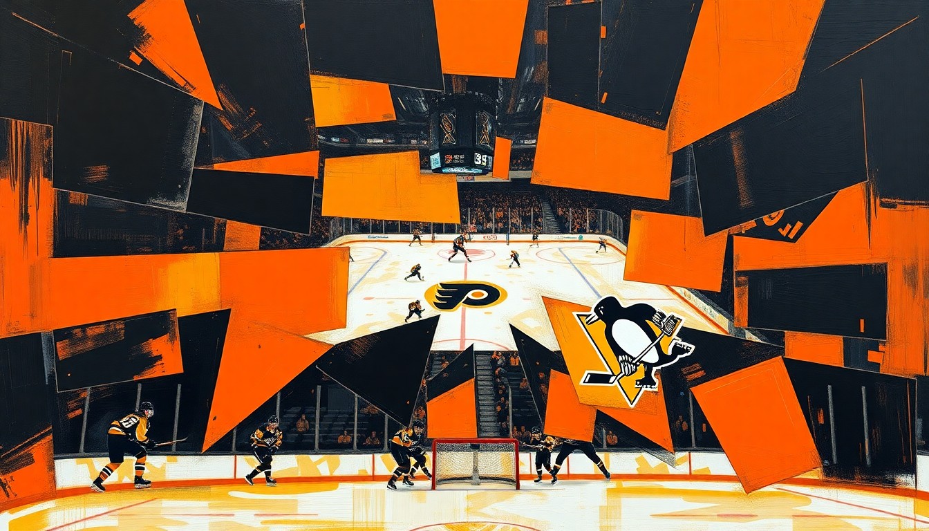 A fragmented, geometric painting in bold colors depicting a hockey game between the Philadelphia Flyers and Pittsburgh Penguins, with the players and arena rendered in an abstract, cubist style.
