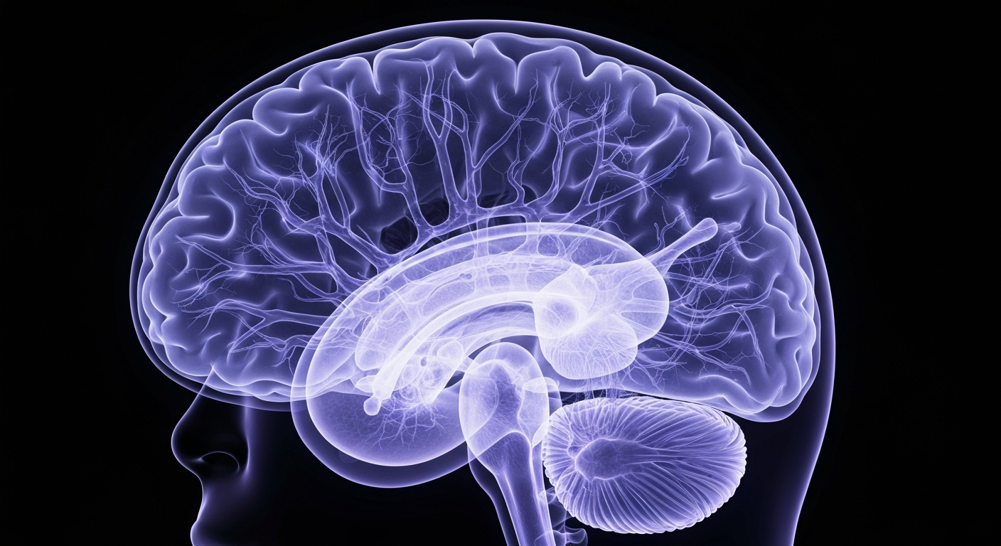 A translucent, ghostly X-ray image of a human brain, with glowing neural pathways and structures revealed in shades of blue and purple against a dark background, conceptually illustrating the importance of advanced diagnostic tools for treating complex neurological conditions.