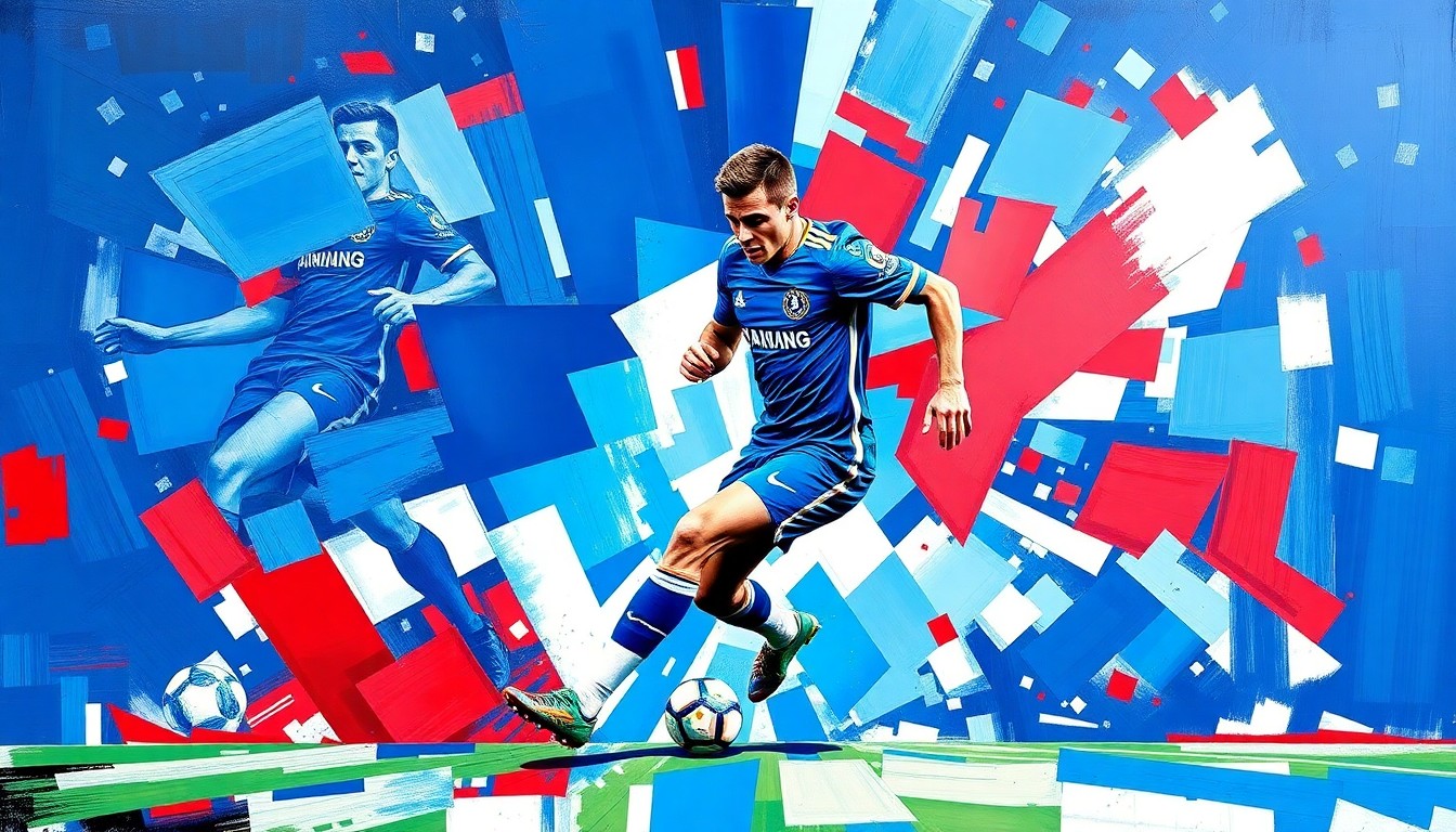 A fractured, cubist-style painting depicting a Chelsea midfielder in action, with sharp geometric planes of blue, white, and red colors abstracting the player's movements on the field.