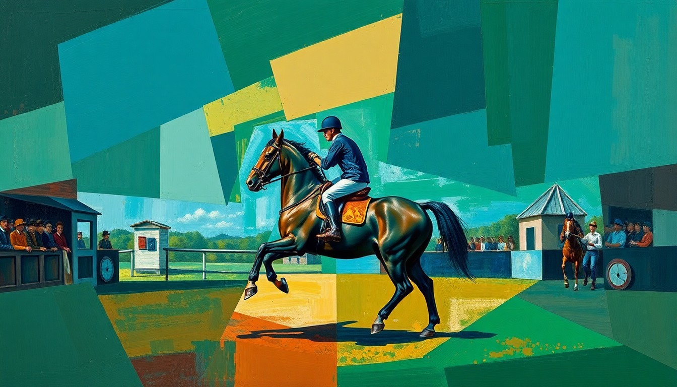 A fragmented, geometric painting depicting an equestrian scene, with sharp planes of color and overlapping perspectives conveying the technical mastery and mental focus required for high-performance riding.