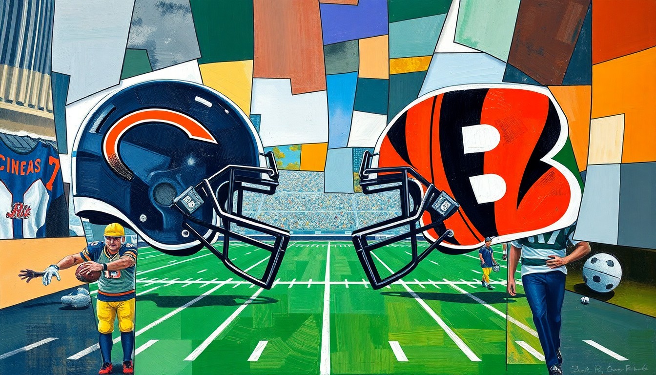 A fragmented, geometric painting depicting a football game or match, with the players and field broken down into sharp, overlapping planes of color and shape, conveying the conceptual idea of a trade reshuffling the offensive talent between two teams.