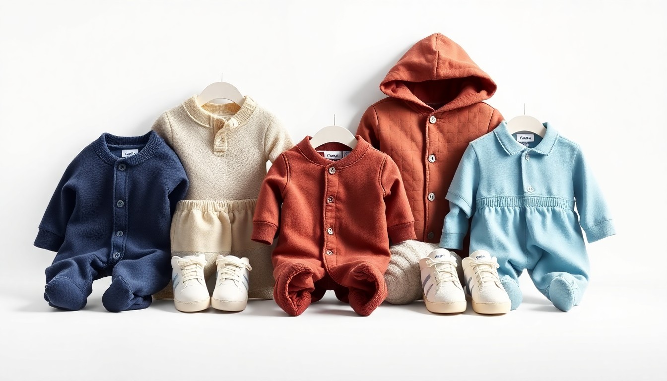 A high-end, photorealistic studio still-life featuring a selection of polished, geometric children's clothing items arranged elegantly on a clean, monochromatic background, symbolizing Carter's focus on quality, comfort and style in the infant and young children's apparel market.