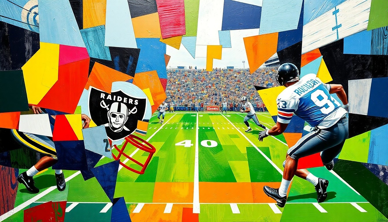 A fragmented, geometric painting depicting a football game or match between the Raiders and Cowboys, with the players and field broken down into sharp, overlapping planes of color representing the two teams' uniforms.