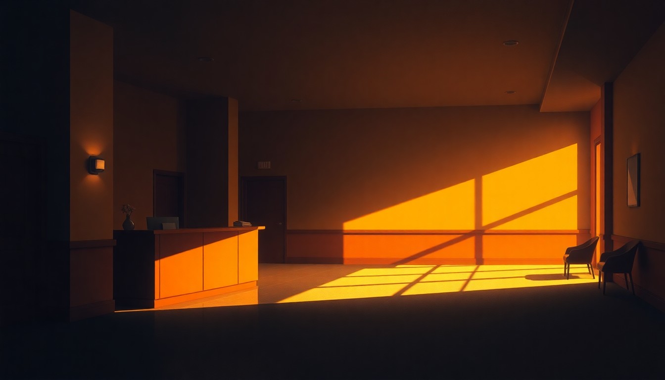 A softly lit, cinematic painting of an empty hotel lobby with a single receptionist desk, conveying a sense of quiet contemplation and the mood of a government policy discussion.