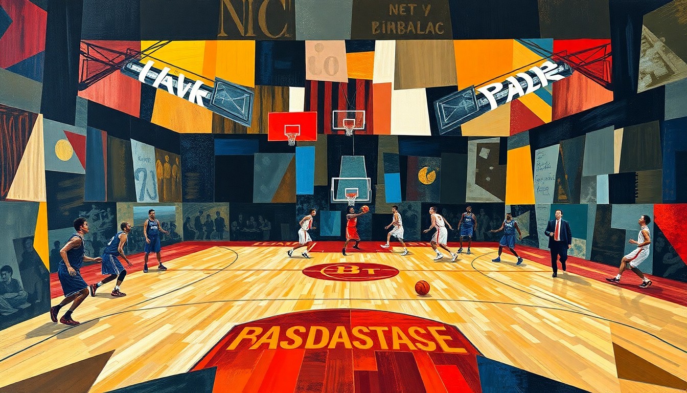 A cubist, geometric painting depicting a fragmented, multi-angled view of a basketball game, with the players and court broken down into abstract shapes and colors.