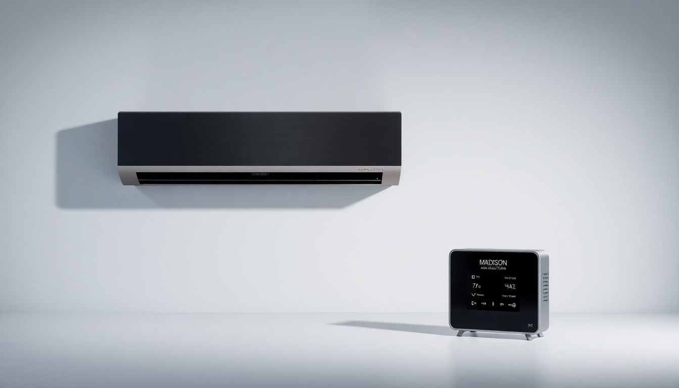 A high-end, photorealistic studio still-life photograph featuring a sleek, modern HVAC unit, a brushed metal air vent, and a digital control panel arranged elegantly on a clean, monochromatic background, conceptually representing the advanced technology and premium quality of Madison Air Solutions' products.