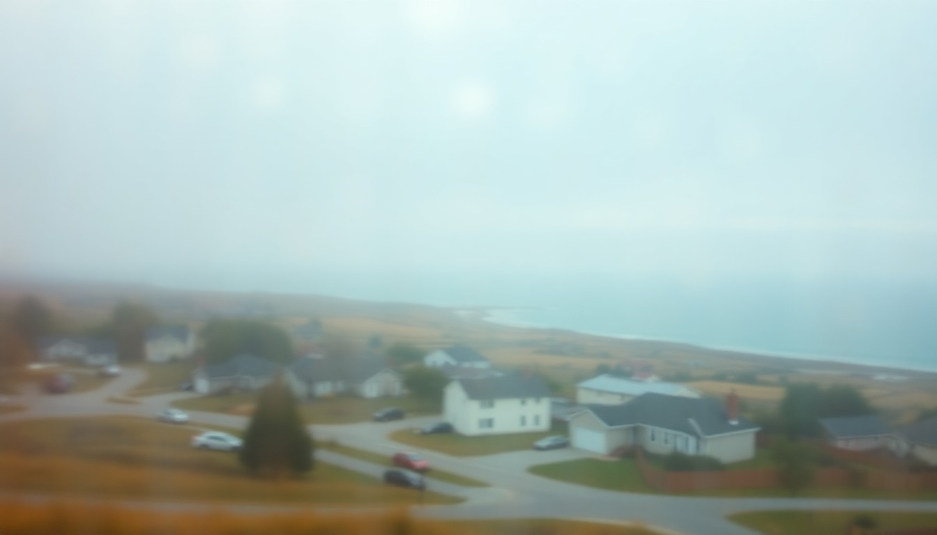 An impressionistic, out-of-focus photograph depicting the hazy outline of a coastal town, with modest homes, small businesses, and the distant silhouette of a body of water, all rendered in a soft, dreamlike palette of blues, greens, and yellows, conveying a sense of nostalgia and the delicate balance between human habitation and the natural environment.