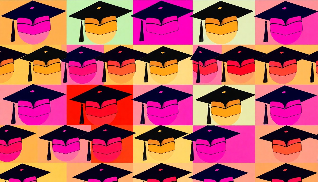 A highly stylized, abstract grid of brightly colored graduation caps in neon shades of pink, green, and blue, conceptually representing the academic success and community impact of exceptional local students.