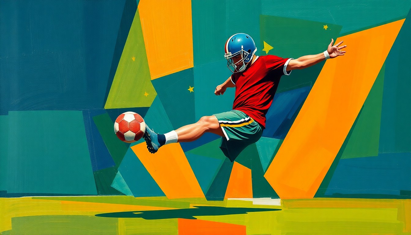 A cubist-style painting depicting a football kicker in mid-kick, broken down into sharp, overlapping geometric shapes in navy, green, and orange, conveying the tension and uncertainty of the player's contract situation.