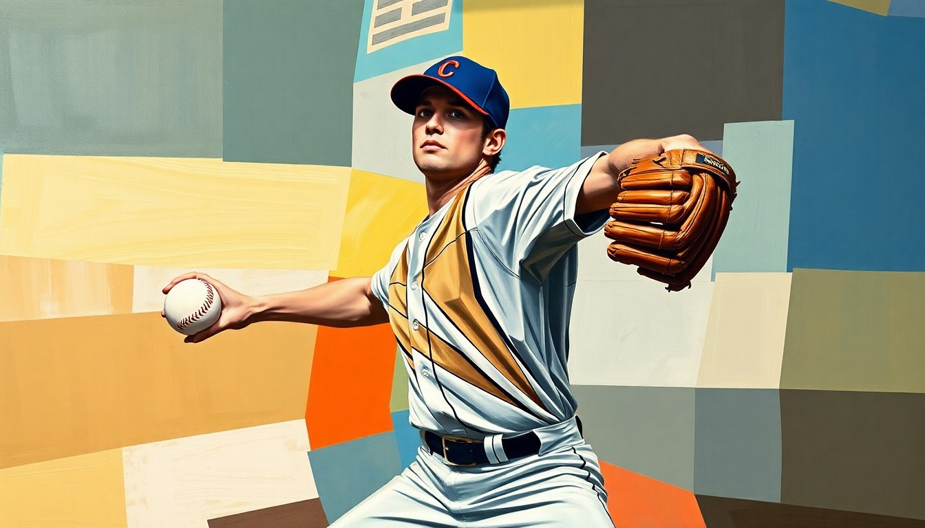 A cubist, geometric painting depicting a baseball pitcher in the middle of his throwing motion, with the ball, glove, and other elements of the scene fractured into sharp, overlapping planes, conceptually representing the transition of pitching greatness from one generation to the next.