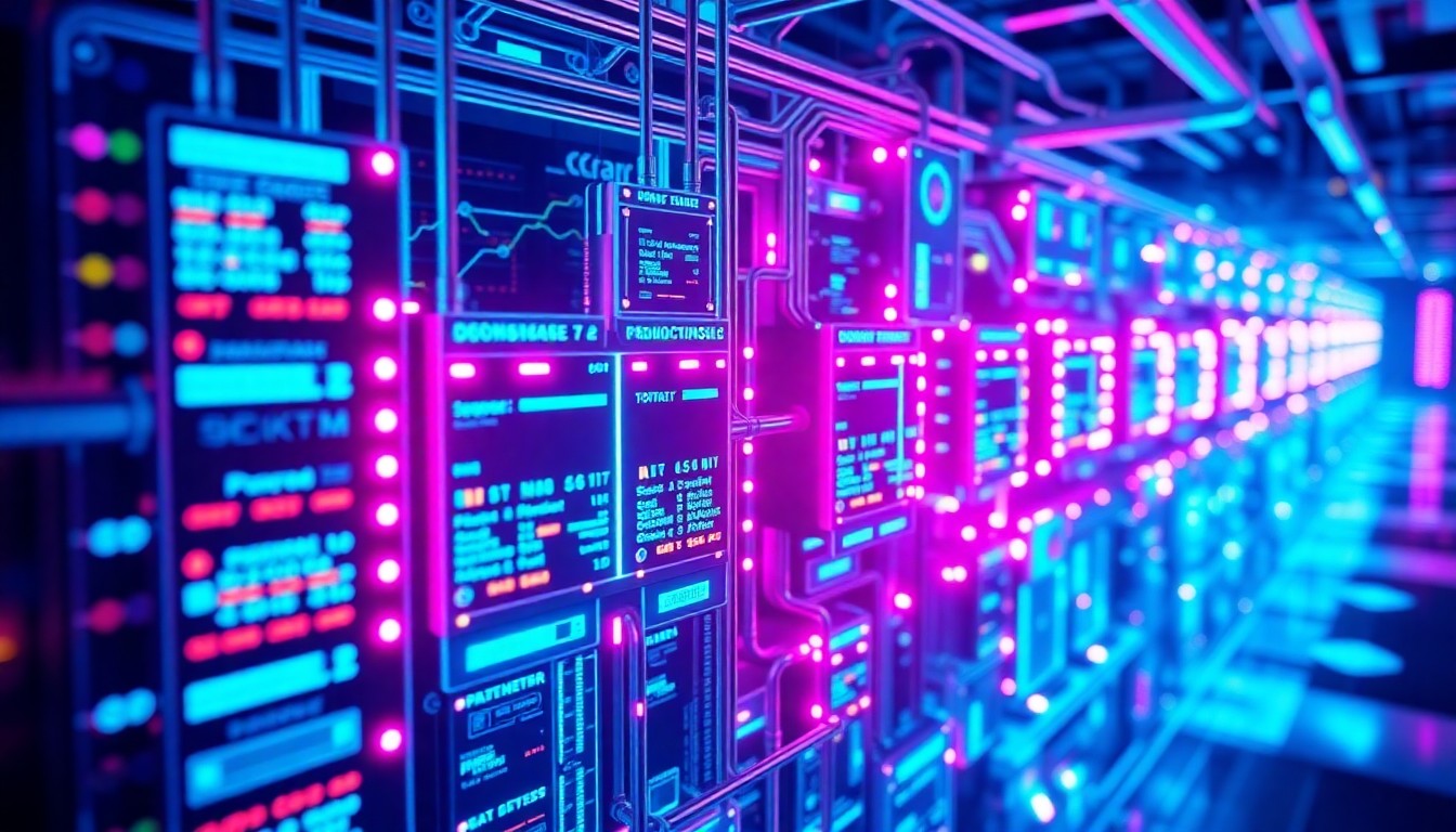 A highly detailed, glowing 3D illustration of a complex data processing pipeline, with neon cyan and magenta lights illuminating the various components, conceptually representing the modernization of enterprise data infrastructure.