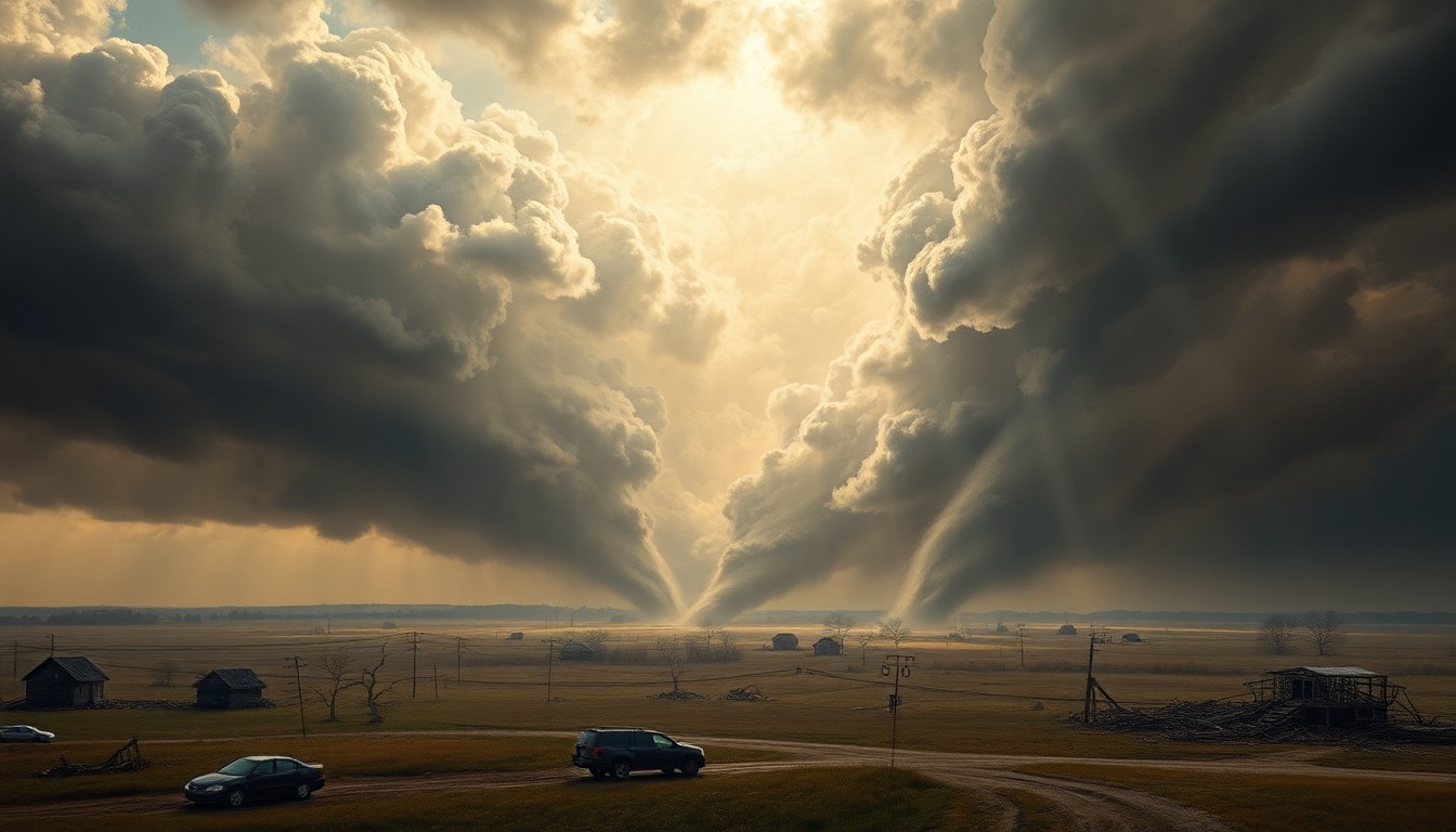 A vast, atmospheric landscape painting depicting a tornado-ravaged Midwest countryside, with the remnants of destroyed structures and vehicles dwarfed by the towering, swirling clouds and intense rainfall, conveying the overwhelming, sublime scale of the natural disaster.
