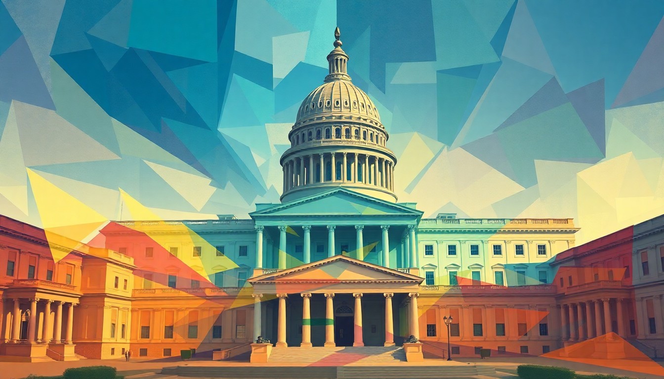 A vibrant, abstract painting with overlapping geometric shapes and waves of color, representing the rapid and disruptive pace of AI advancements as discussed by lawmakers.