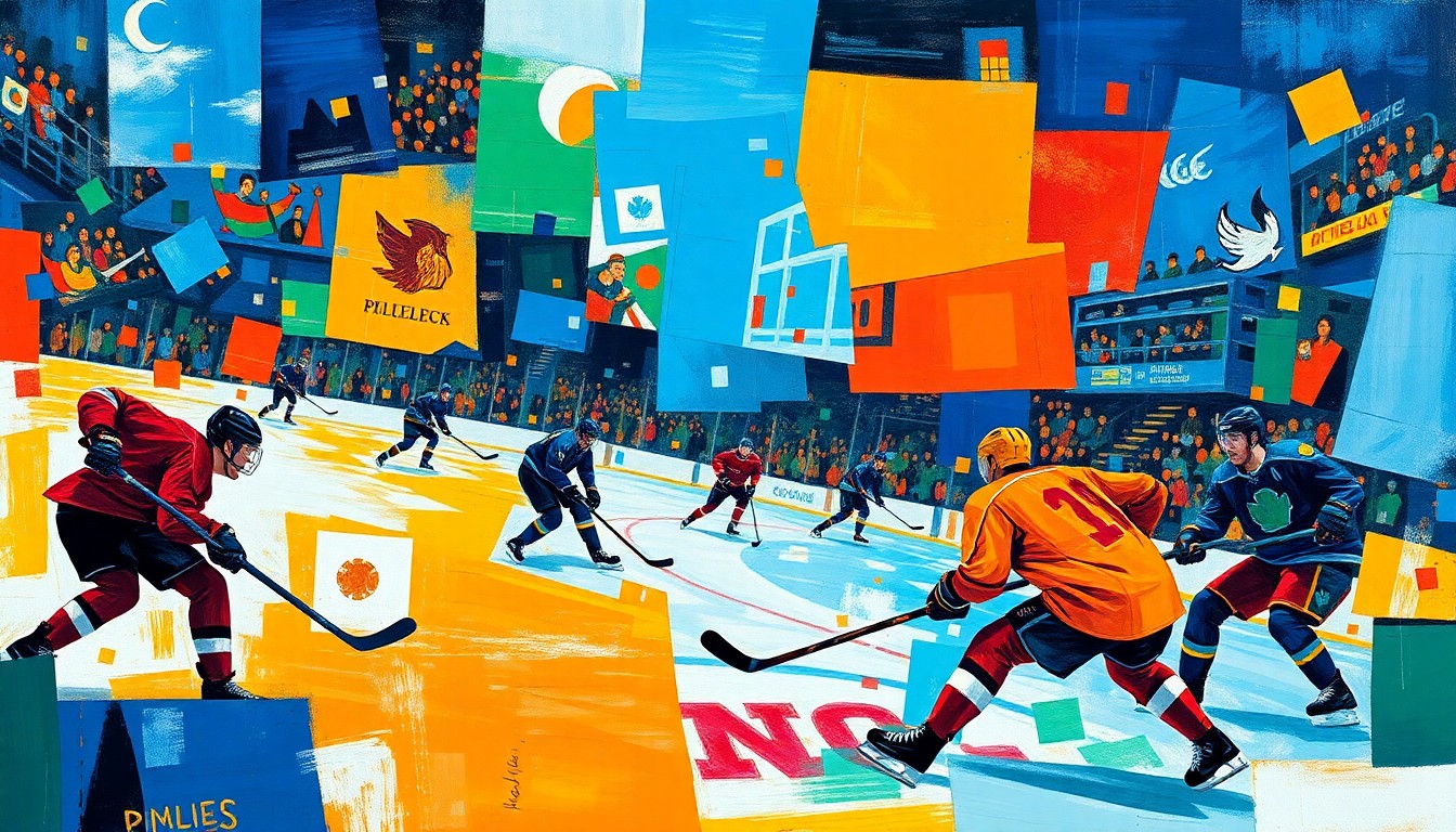 A cubist, geometric painting depicting the intense action of a hockey game, with players, sticks, pucks, and arena details fractured into sharp, overlapping planes of vibrant blue, orange, and green colors.