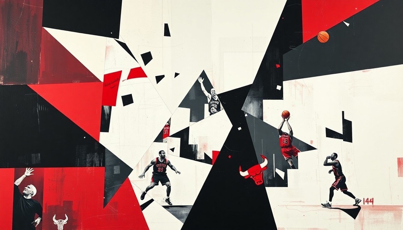 A fragmented, geometric painting depicting a basketball game or competition, with sharp planes of red, black, and white representing the complex dynamics within the Chicago Bulls' front office as they seek a new leader to align the organization and connect with fans.