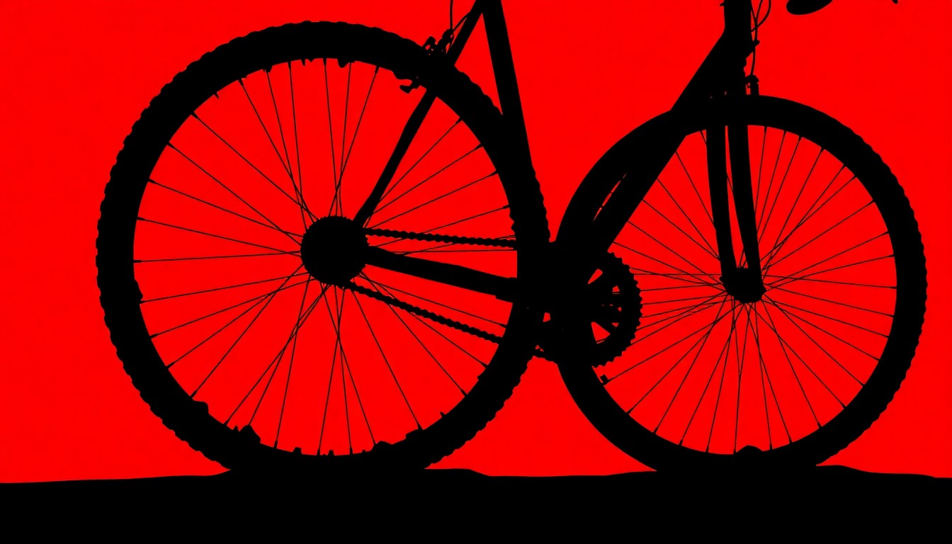 A bold, graphic black silhouette of a damaged bicycle wheel and frame against a vibrant red background, conceptually representing the aftermath of a bicycle crash in the city.