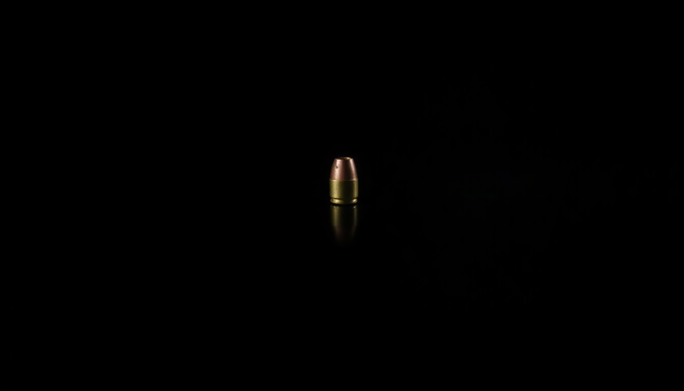 An extreme close-up photograph of a single spent bullet casing against a pitch-black background, the harsh lighting and stark contrast creating a gritty, investigative aesthetic.