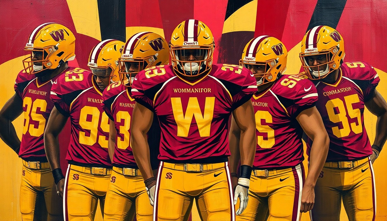 A cubist, geometric painting in burgundy, gold, and black, breaking down the elements of the new Washington Commanders uniforms into sharp, overlapping planes, conveying the team's bold visual identity.