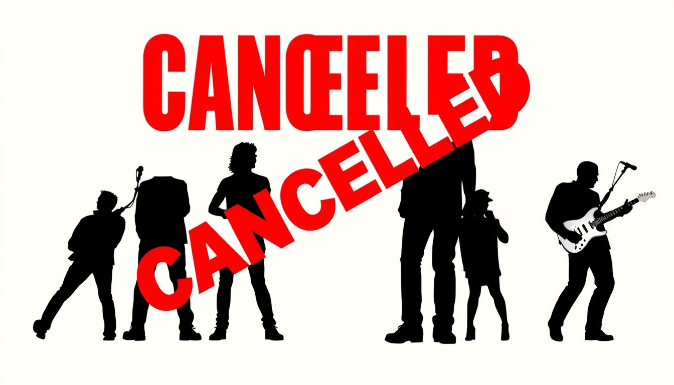 An abstract, minimalist illustration using bold black shapes and high-contrast colors to conceptually represent the disappointment and disruption caused by the cancellation of a pop music tour, without depicting any specific people, places or branding.