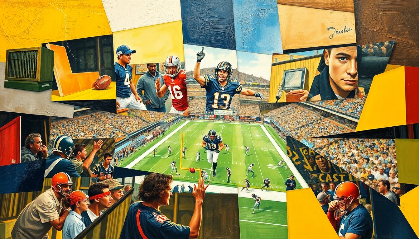 A cubist, geometric painting depicting fragmented, overlapping shapes and planes representing a football game or NFL Draft scene, conveying the complex, multi-faceted nature of the Titans' rebuilding efforts.