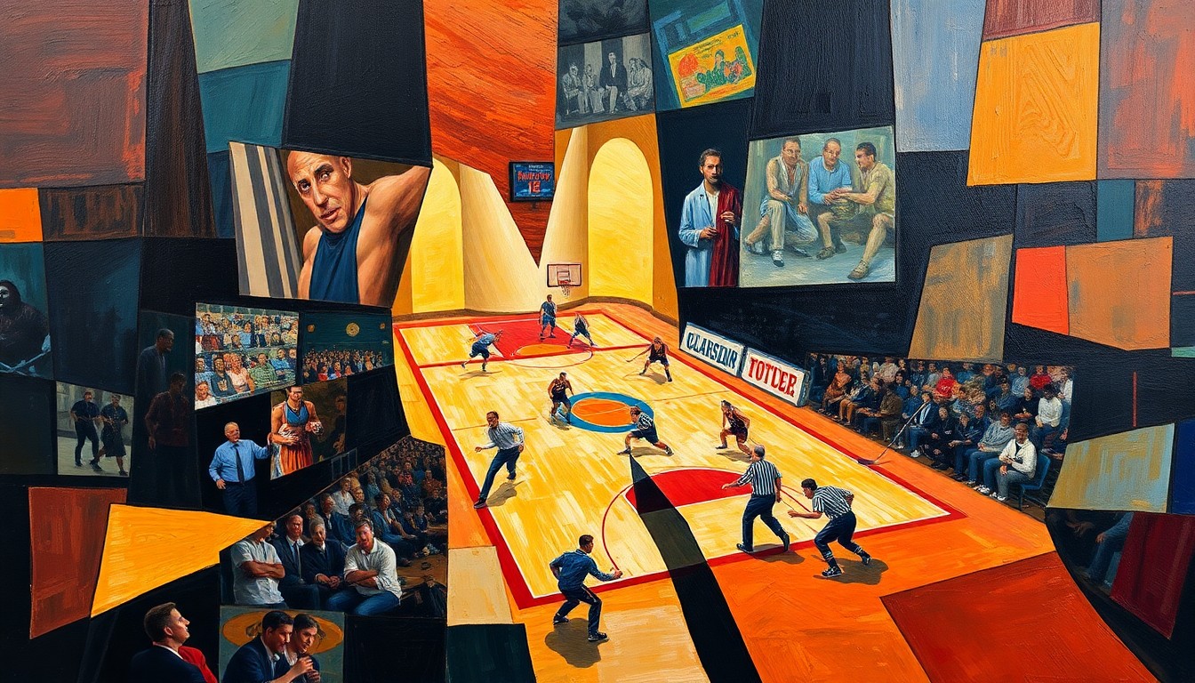 A dynamic, abstract painting featuring sharp, angular shapes and planes of color that intersect and overlap, conveying the energy and excitement of major sporting events and entertainment shows.