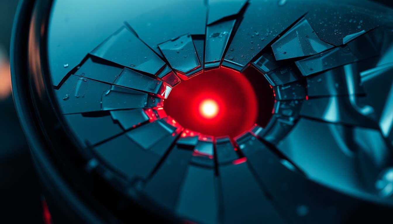 An extreme close-up photograph of a shattered car sensor lens reflecting a faint red light, conceptually representing the aftermath of a violent vehicular incident.