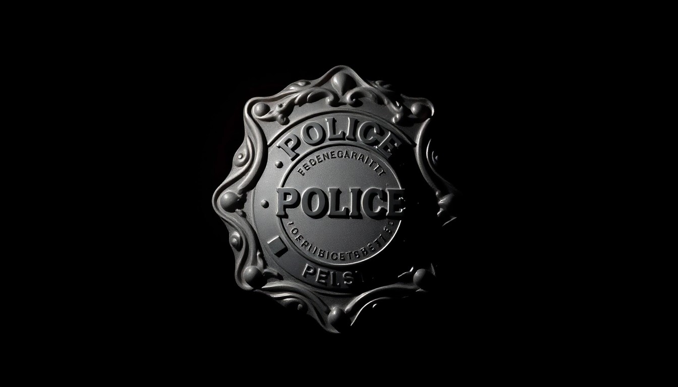 An extreme close-up photograph of a police badge reflecting a harsh, direct flash of light, conceptually representing the investigation and termination of a school resource officer.