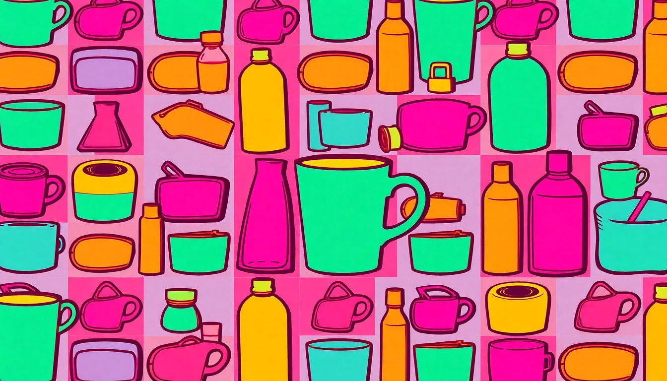 A brightly colored, high-contrast silkscreen print of a single, iconic lifestyle object such as a coffee cup or piece of clothing repeated in a tight grid pattern, conceptually representing the joyful energy of a community festival.