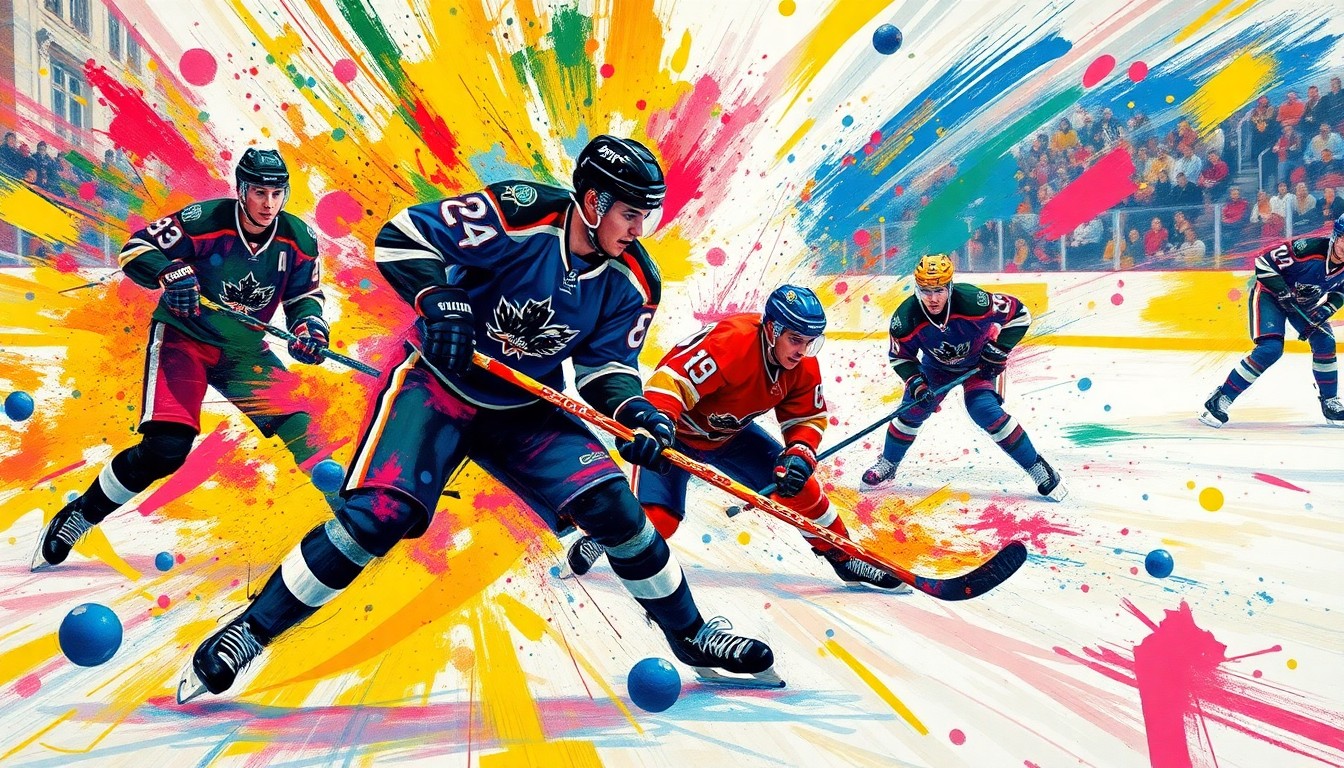 An abstract, expressionist painting in neon colors depicting the frenetic action of a hockey game, with players' forms dissolving into vibrant brushstrokes.