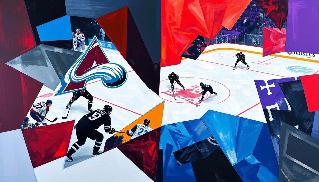 A fragmented, cubist-style painting depicting the dynamic action of a hockey game between the Colorado Avalanche and Los Angeles Kings, with the players' movements and the teams' colors blending together in an abstract, geometric composition.