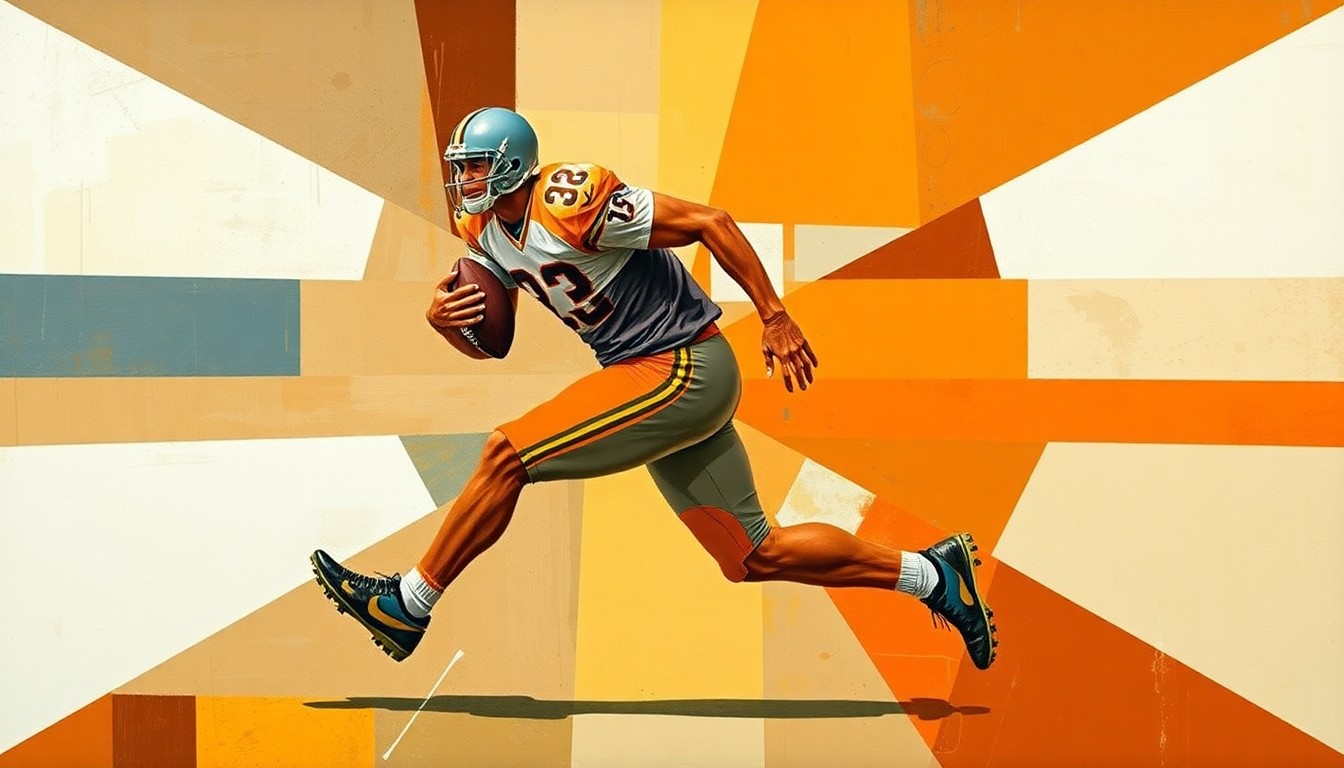 A fragmented, geometric painting depicting a football player in motion, their body broken down into overlapping planes of warm earth tones and cool blues, capturing the raw energy and dynamism of the sport.