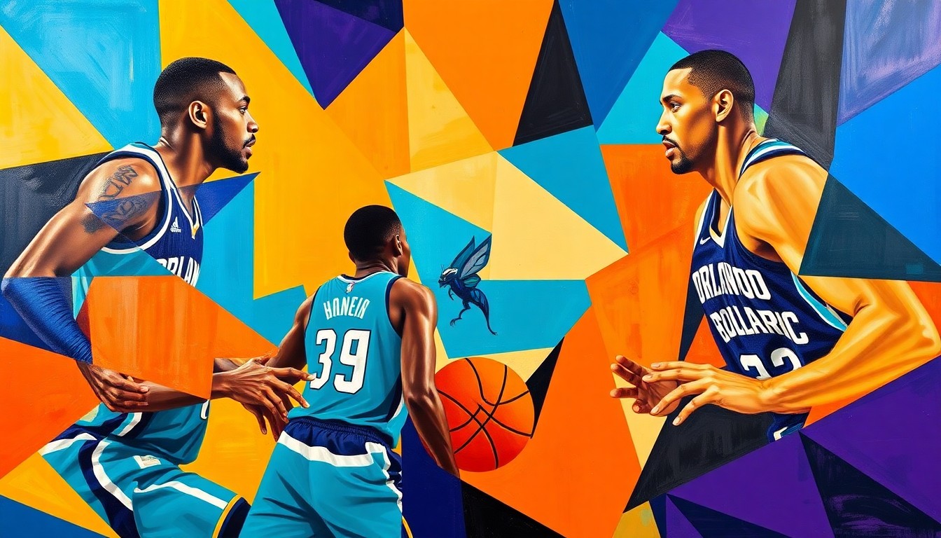 A fragmented, geometric painting in bold colors depicting an abstracted basketball game, conveying the competitive energy of the Play-In Tournament matchup.