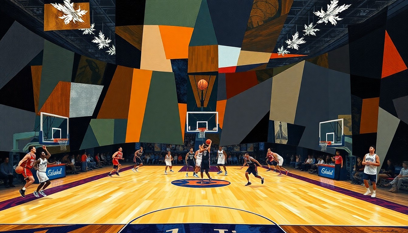 A fragmented, geometric painting depicting the abstract shapes and planes of a basketball game, with players and the court deconstructed into vibrant colors and sharp angles.