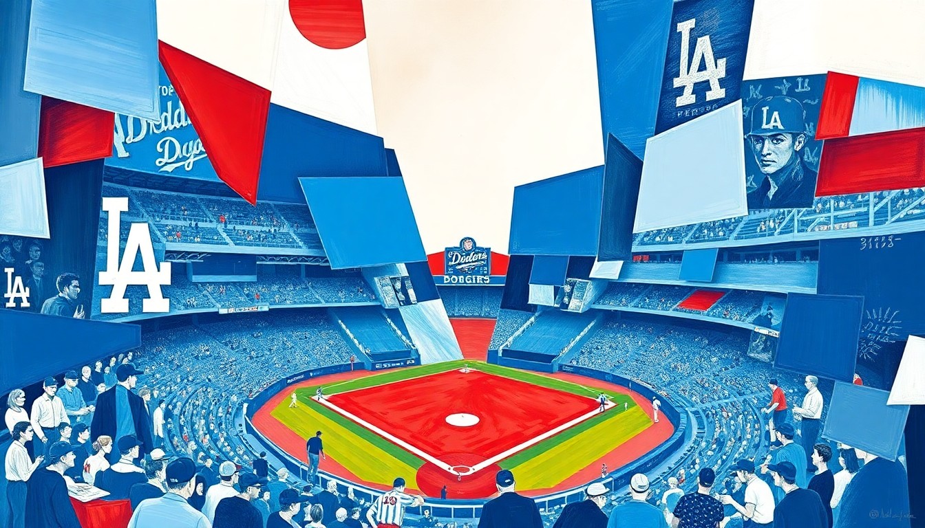 A cubist, geometric painting depicting a fragmented baseball game scene, with sharp planes of Dodger blue, white, and red colors representing the team's growing popularity in Los Angeles.