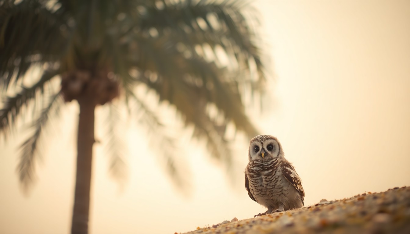 A blurred, atmospheric photograph of a palm tree with a baby owl fledgling sitting on the ground in the foreground, captured in a soft, dreamlike style that evokes the natural setting and the delicate process of the owls' maturation.