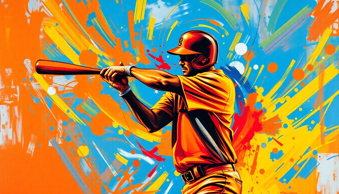 An abstract painting with sweeping, textured brushstrokes in bright neon colors, capturing the explosive energy and raw power of a baseball player's swing.