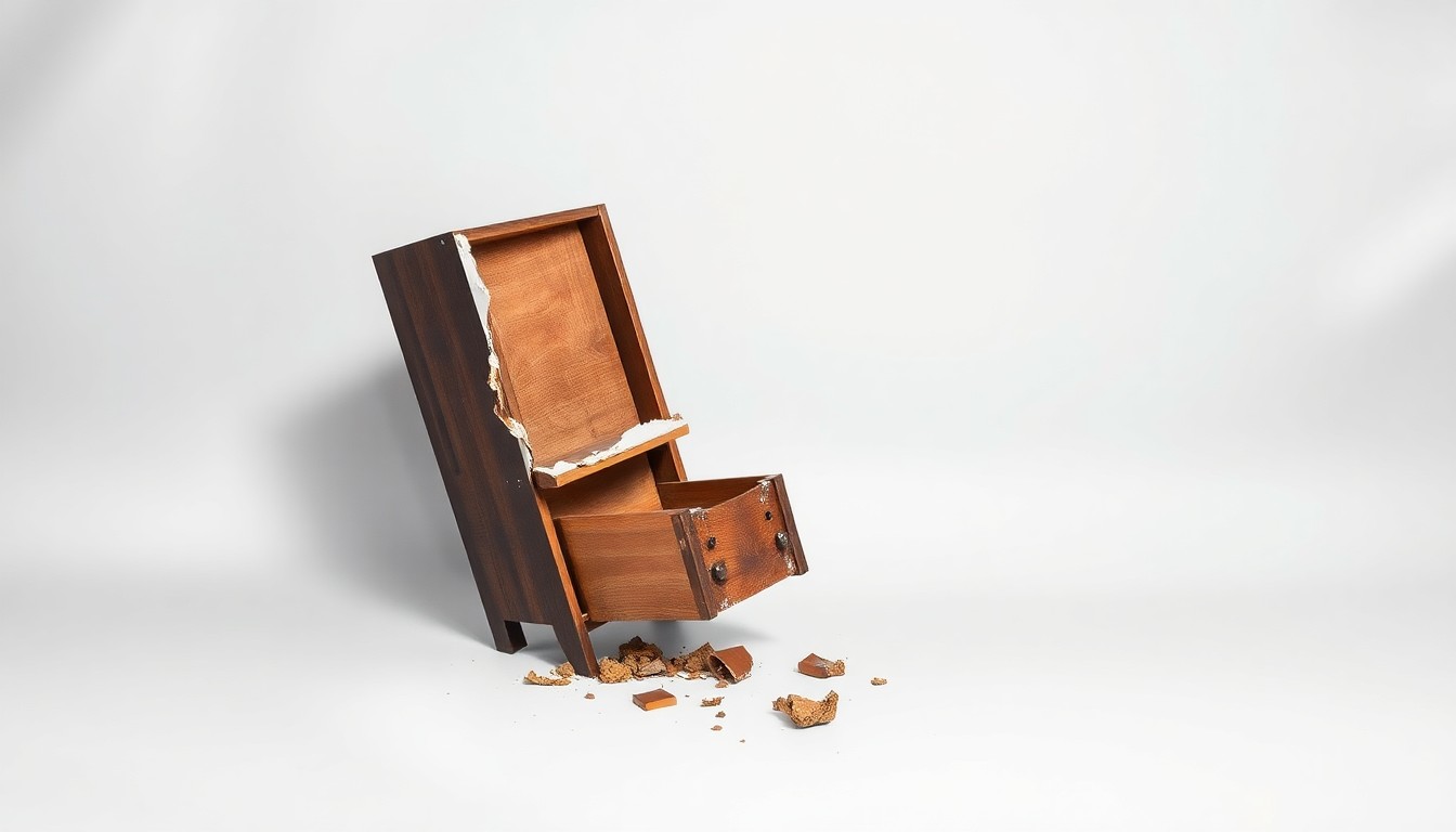 A close-up photograph of a partially disassembled and damaged piece of furniture, such as a broken chair or dresser drawer, resting on a clean, monochromatic background, conceptually representing consumer frustration with furniture retail practices.