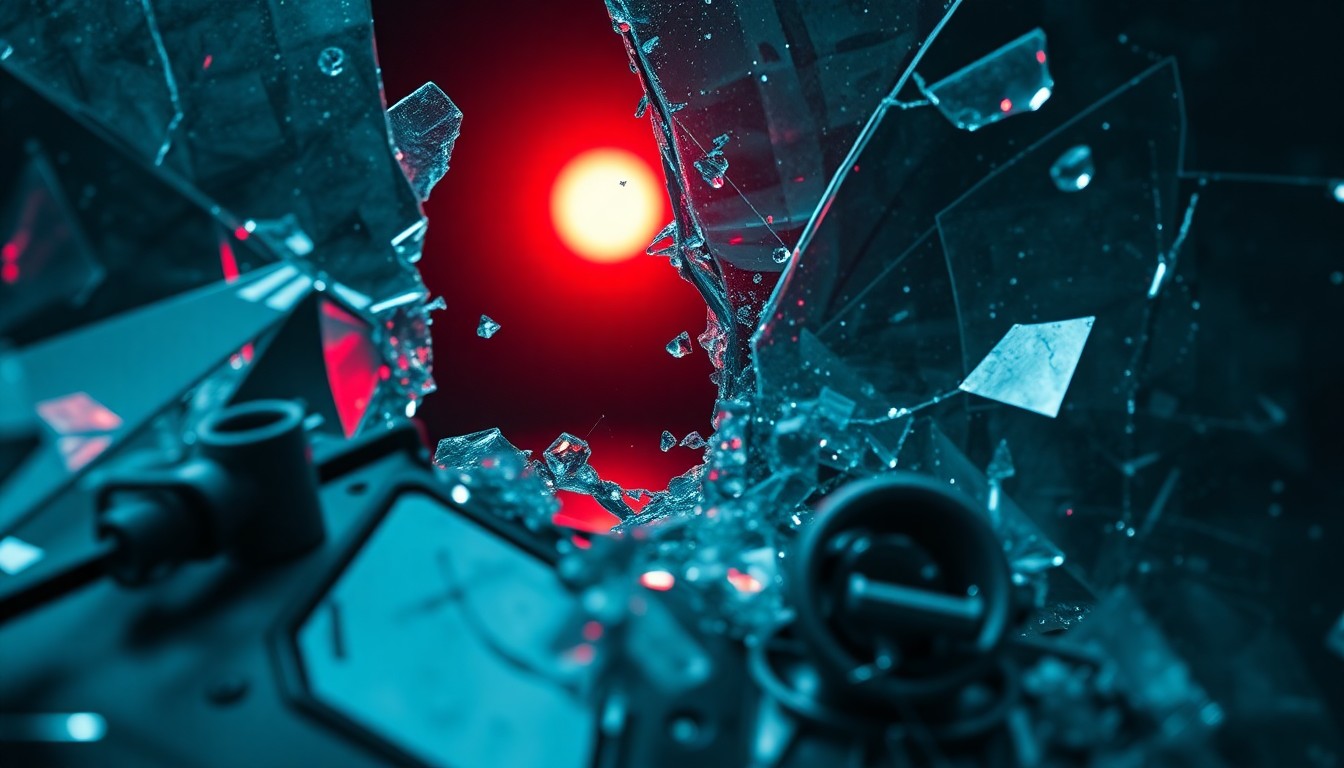 An abstract, high-contrast close-up of shattered glass and twisted metal, conveying the somber aftermath of a tragic accident.