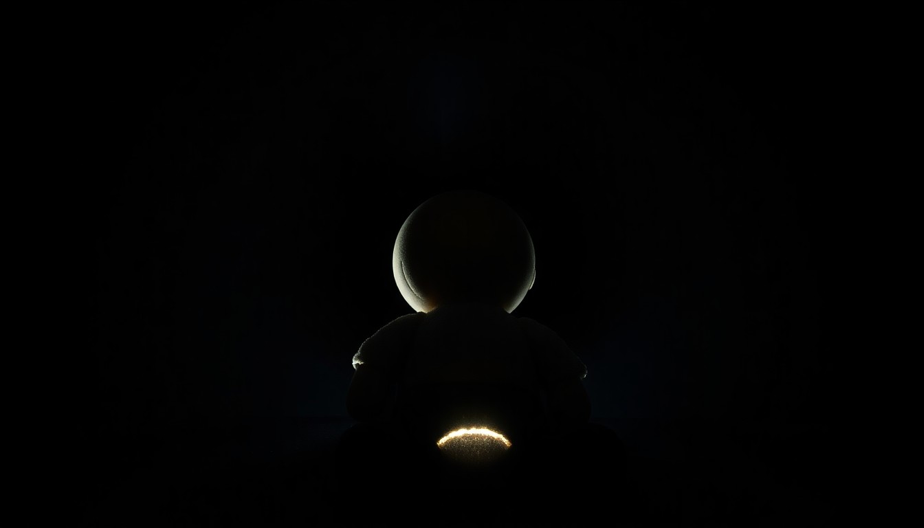 An extreme close-up photograph of a single child's stuffed animal, lit by a harsh, direct camera flash against a pitch-black background, conveying a sense of tragedy and loss.