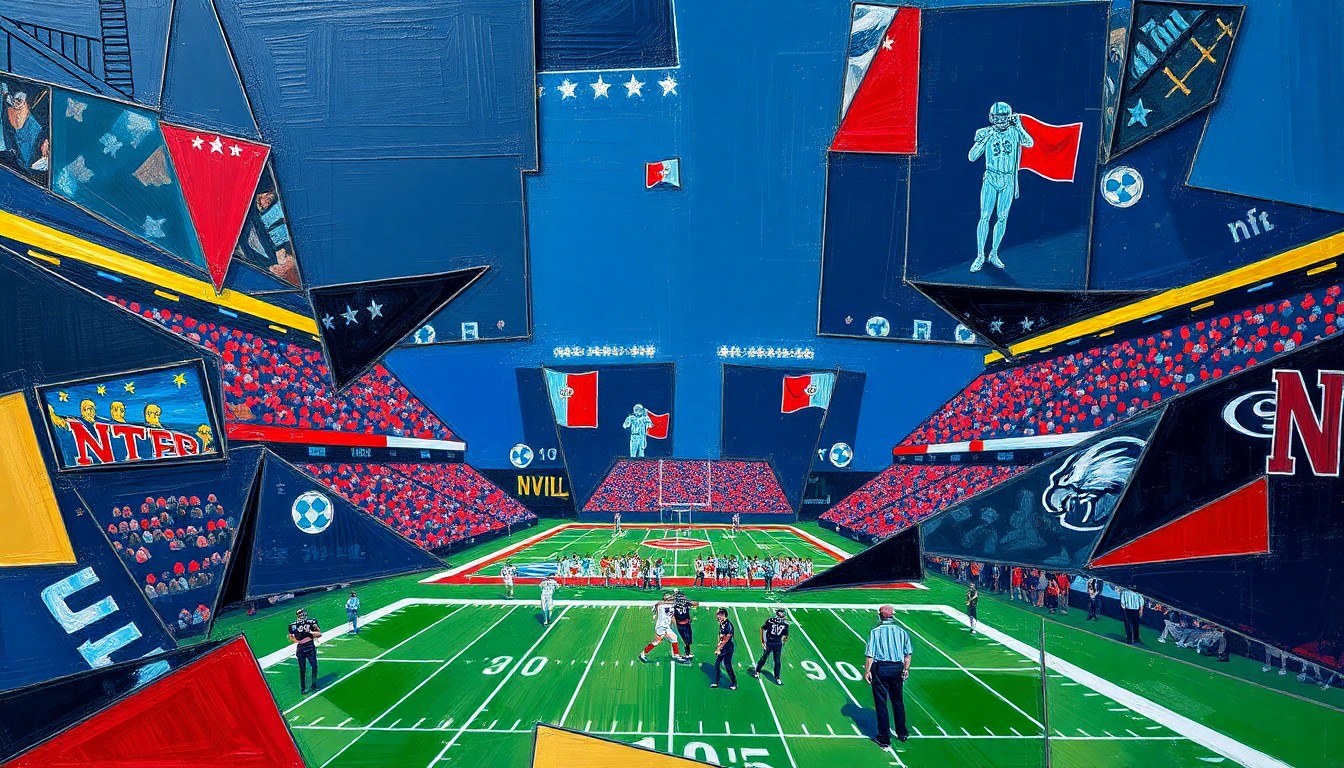 A cubist, geometric painting depicting fragmented, overlapping shapes in navy, red, and gold, representing the complex decisions and moving parts of an NFL Draft.