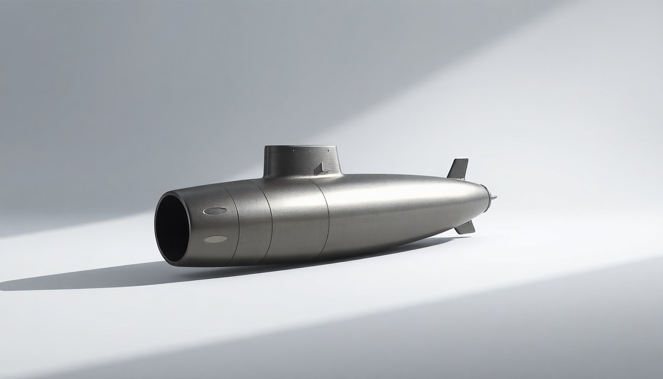 A photorealistic studio still-life image of a metallic submarine component part resting on a clean, monochromatic background, conveying the precision engineering and advanced manufacturing capabilities of the Barton Riverfront Industrial Park.