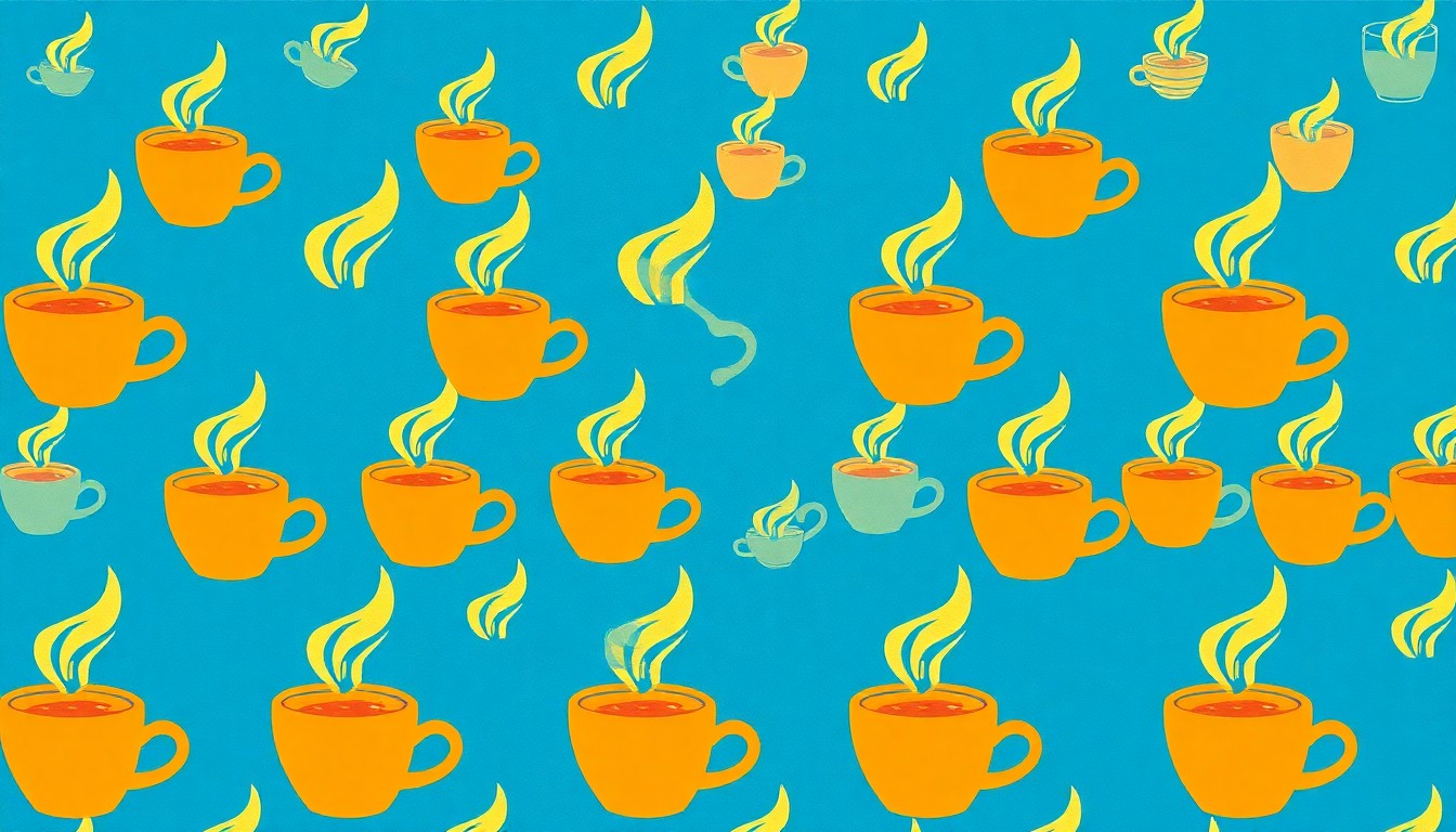 A brightly colored, high-contrast silkscreen print of a steaming hot cup of coffee repeated in a tight grid pattern, capturing the vibrant and diverse offerings at the Taste of Somerville event.