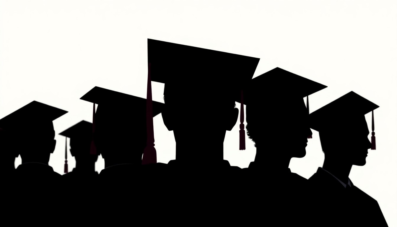 A minimalist, abstract illustration featuring bold, jagged shapes and high-contrast colors, conceptually representing the energy and excitement of a university graduation ceremony.