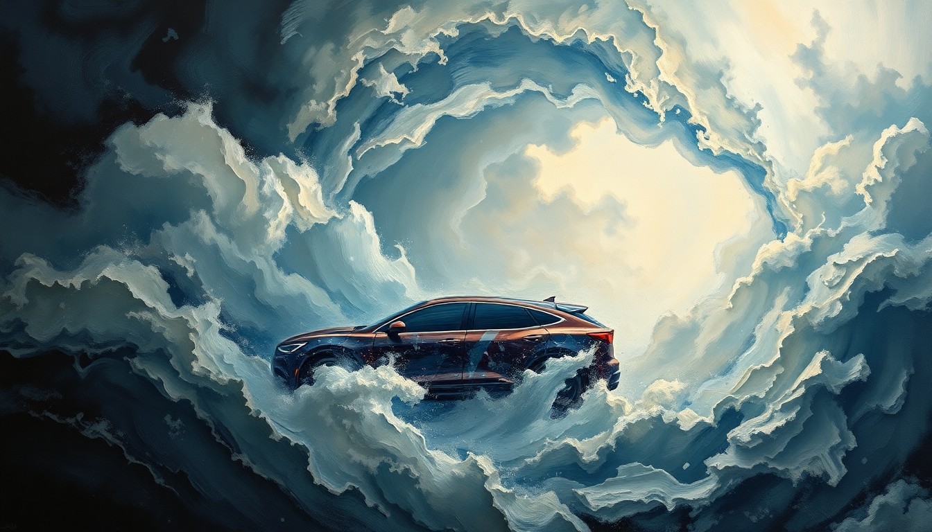 An extreme close-up of a shattered car sensor lens reflecting a faint red light, conceptually illustrating the vandalism of self-driving cars.