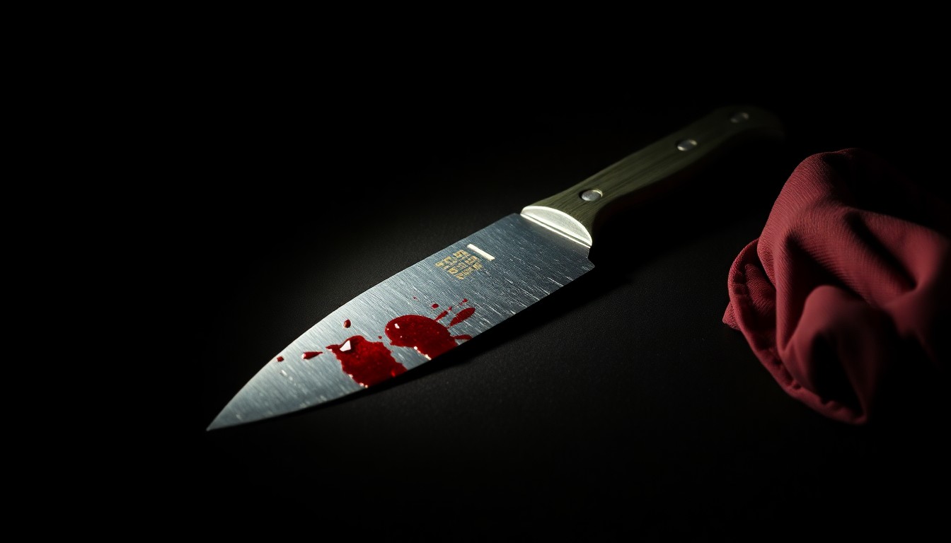 An extreme close-up photograph of a single piece of crime scene evidence, such as a broken knife or bloodied clothing, lit by a harsh, direct camera flash against a pitch-black background, conceptually illustrating the gritty details of a domestic violence investigation.