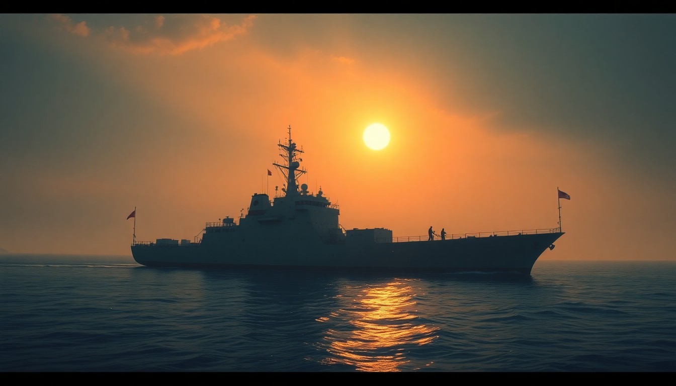 A serene, photorealistic painting of a solitary Chinese coast guard ship resting in the calm waters of the East China Sea, its hull and superstructure cast in warm, golden light and deep, dramatic shadows, evoking a sense of quiet tension and unease.