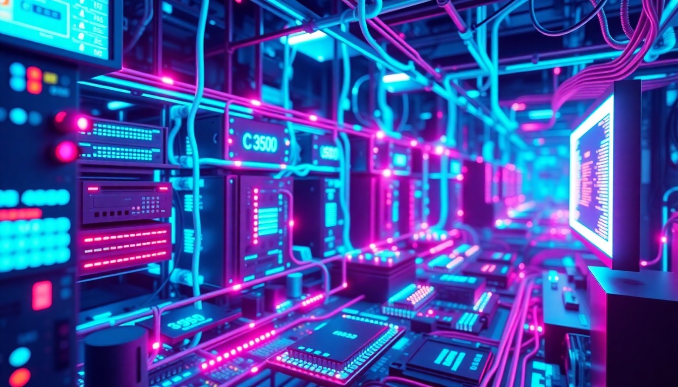 A highly detailed, three-dimensional illustration of a complex network of interconnected digital hardware components, including servers, cables, circuit boards, and data storage devices, all illuminated by vibrant neon cyan and magenta lights, conceptually representing the trusted, responsible, and verifiable digital systems needed to power scalable sustainable development solutions.